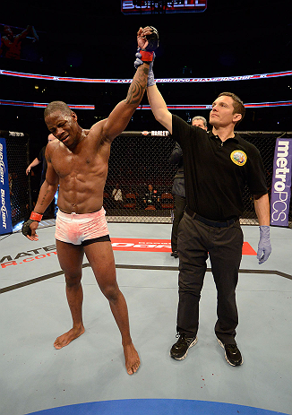 ANAHEIM, CA - FEBRUARY 23: Nah-Shon Burrell reacts to his victory over Yuri Villefort in their welterweight bout during UFC 157 at Honda Center on February 23, 2013 in Anaheim, California. (Photo by Donald Miralle/Zuffa LLC/Zuffa LLC via Getty Images) *