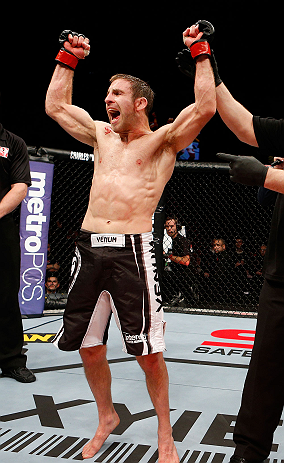 LONDON, ENGLAND - FEBRUARY 16: Phil Harris reacts after defeating Ulysses Gomez in their flyweight fight during the UFC on Fuel TV event on February 16, 2013 at Wembley Arena in London, England. (Photo by Josh Hedges/Zuffa LLC/Zuffa LLC via Getty Images