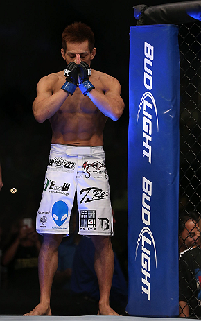 DENVER, CO - AUGUST 11: Eiji Mitsuoka prepares to enter the Octagon before his bout against Nik Lentz at UFC 150 inside Pepsi Center on August 11, 2012 in Denver, Colorado. (Photo by Josh Hedges/Zuffa LLC/Zuffa LLC via Getty Images)