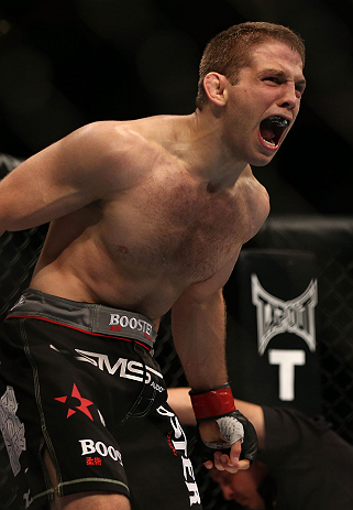 DENVER, CO - AUGUST 11: Nik Lentz reacts after defeating Eiji Mitsuoka during their featherweight bout at UFC 150 inside Pepsi Center on August 11, 2012 in Denver, Colorado. (Photo by Josh Hedges/Zuffa LLC/Zuffa LLC via Getty Images)