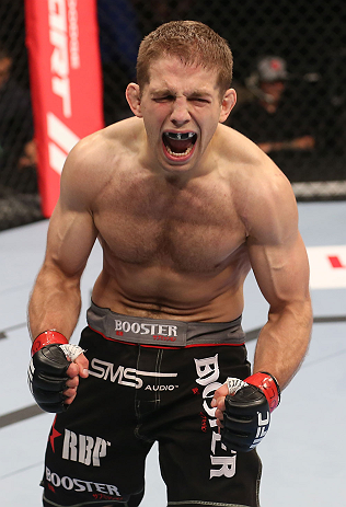 DENVER, CO - AUGUST 11: Nik Lentz reacts after defeating Eiji Mitsuoka during their featherweight bout at UFC 150 inside Pepsi Center on August 11, 2012 in Denver, Colorado. (Photo by Nick Laham/Zuffa LLC/Zuffa LLC via Getty Images)