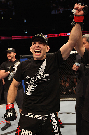 DENVER, CO - AUGUST 11: Nik Lentz reacts after defeating Eiji Mitsuoka during their featherweight bout at UFC 150 inside Pepsi Center on August 11, 2012 in Denver, Colorado. (Photo by Nick Laham/Zuffa LLC/Zuffa LLC via Getty Images)
