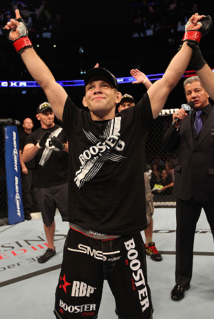DENVER, CO - AUGUST 11: Nik Lentz reacts after defeating Eiji Mitsuoka during their featherweight bout at UFC 150 inside Pepsi Center on August 11, 2012 in Denver, Colorado. (Photo by Nick Laham/Zuffa LLC/Zuffa LLC via Getty Images)