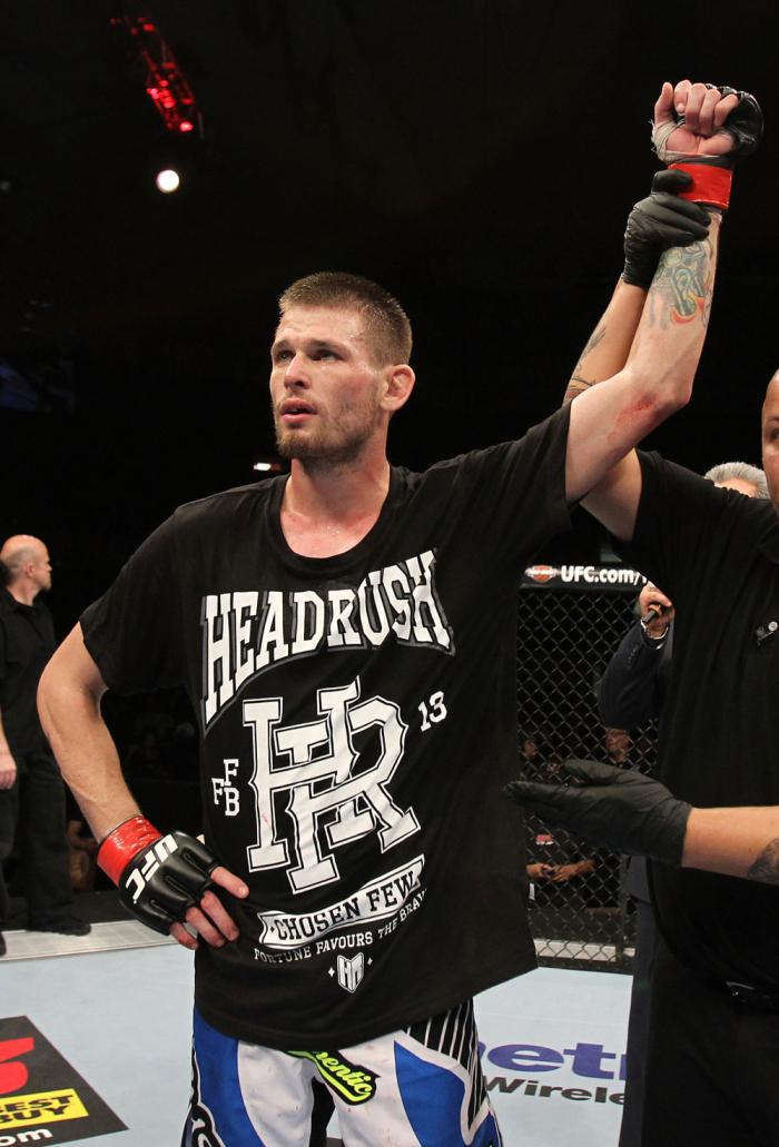 OMAHA, NE - FEBRUARY 15: Tim Means reacts after defeating Bernardo Magalhaes during the UFC on FUEL TV event at Omaha Civic Auditorium on February 15, 2012 in Omaha, Nebraska. (Photo by Josh Hedges/Zuffa LLC/Zuffa LLC via Getty Images) *** Local Caption
