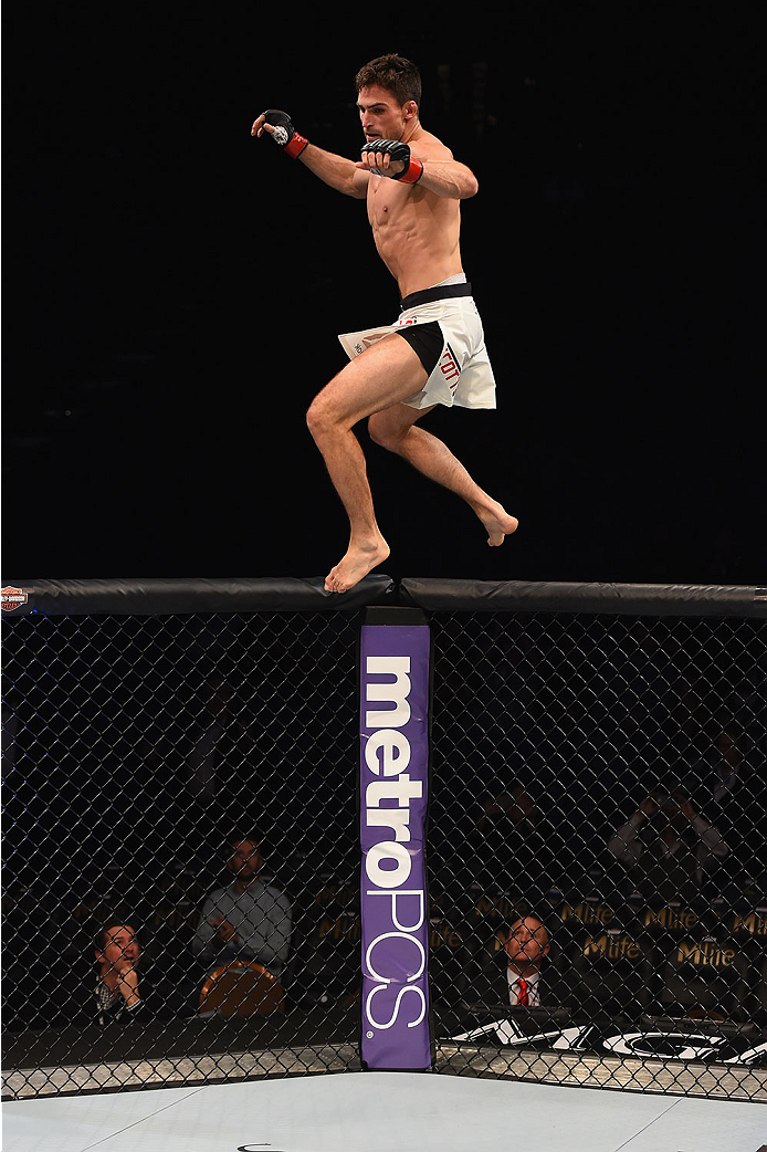LAS VEGAS, NV - JANUARY 02: Sheldon Westcott of Canada reacts to his victory over Edgar Garcia of Mexico in their welterweight bout during the UFC 195 event inside MGM Grand Garden Arena on January 2, 2016 in Las Vegas, Nevada. (Photo by Josh Hedges/Zuff