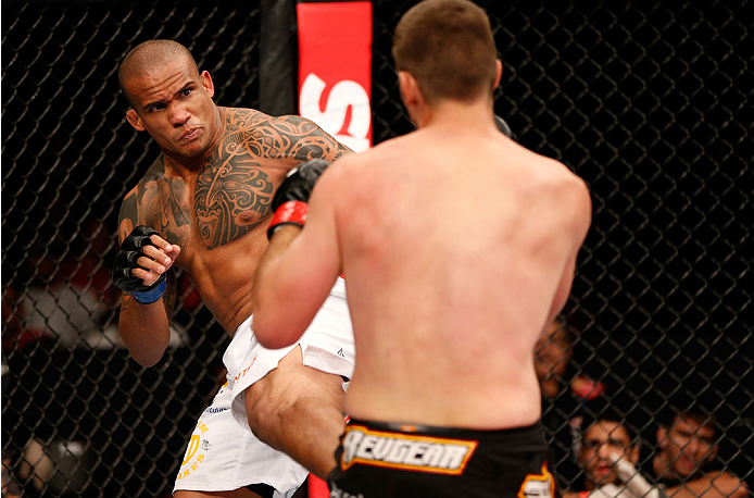 BELO HORIZONTE, BRAZIL - SEPTEMBER 04: (L-R) Ivan Jorge kicks Keith Wisniewski in their welterweight fight during the UFC on FOX Sports 1 event at Mineirinho Arena on September 4, 2013 in Belo Horizonte, Brazil. (Photo by Josh Hedges/Zuffa LLC/Zuffa LLC
