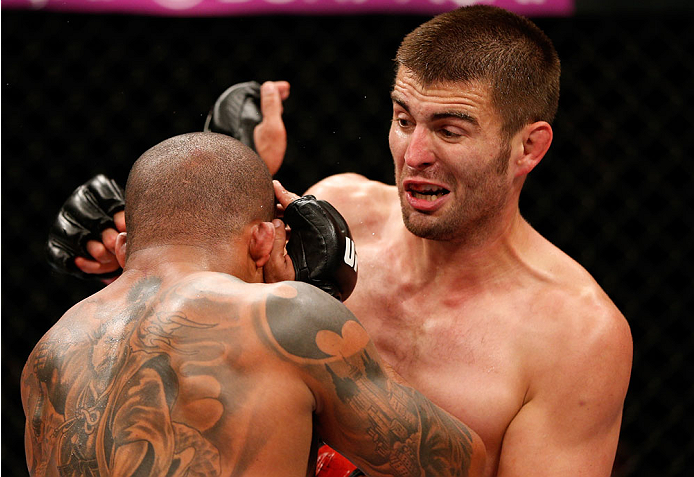 BELO HORIZONTE, BRAZIL - SEPTEMBER 04: (R-L) Keith Wisniewski punches Ivan Jorge in their welterweight fight during the UFC on FOX Sports 1 event at Mineirinho Arena on September 4, 2013 in Belo Horizonte, Brazil. (Photo by Josh Hedges/Zuffa LLC/Zuffa LL