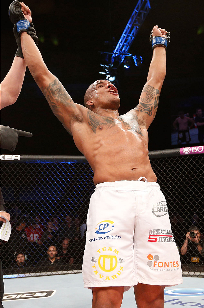 BELO HORIZONTE, BRAZIL - SEPTEMBER 04: Ivan Jorge reacts after his victory over Keith Wisniewski in their welterweight fight during the UFC on FOX Sports 1 event at Mineirinho Arena on September 4, 2013 in Belo Horizonte, Brazil. (Photo by Josh Hedges/Zu