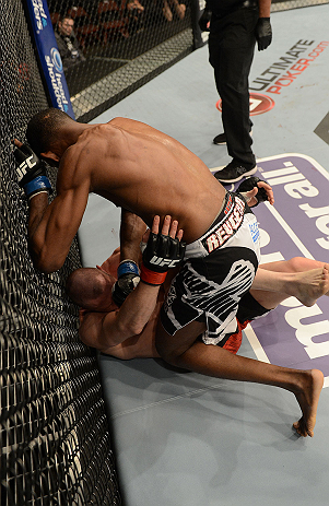 ANAHEIM, CA - FEBRUARY 23: Neil Magny (top) punches Jon Manley in their welterweight bout during UFC 157 at Honda Center on February 23, 2013 in Anaheim, California. (Photo by Donald Miralle/Zuffa LLC/Zuffa LLC via Getty Images) *** Local Caption *** Jo