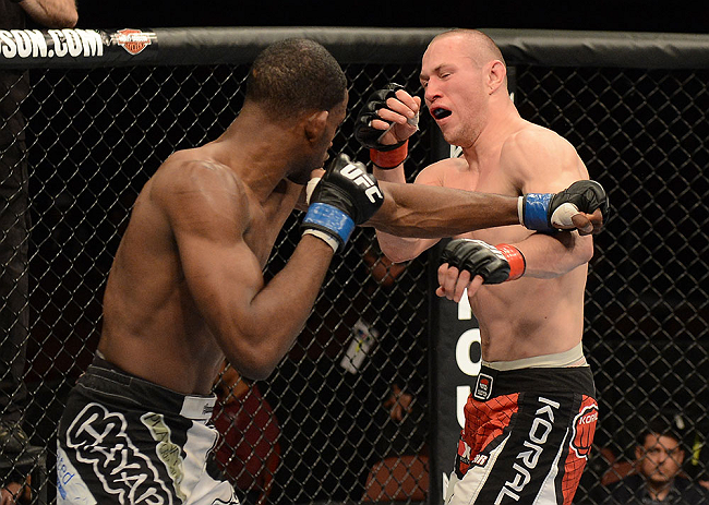 ANAHEIM, CA - FEBRUARY 23: Neil Magny (left) punches Jon Manley in their welterweight bout during UFC 157 at Honda Center on February 23, 2013 in Anaheim, California. (Photo by Donald Miralle/Zuffa LLC/Zuffa LLC via Getty Images) *** Local Caption *** J