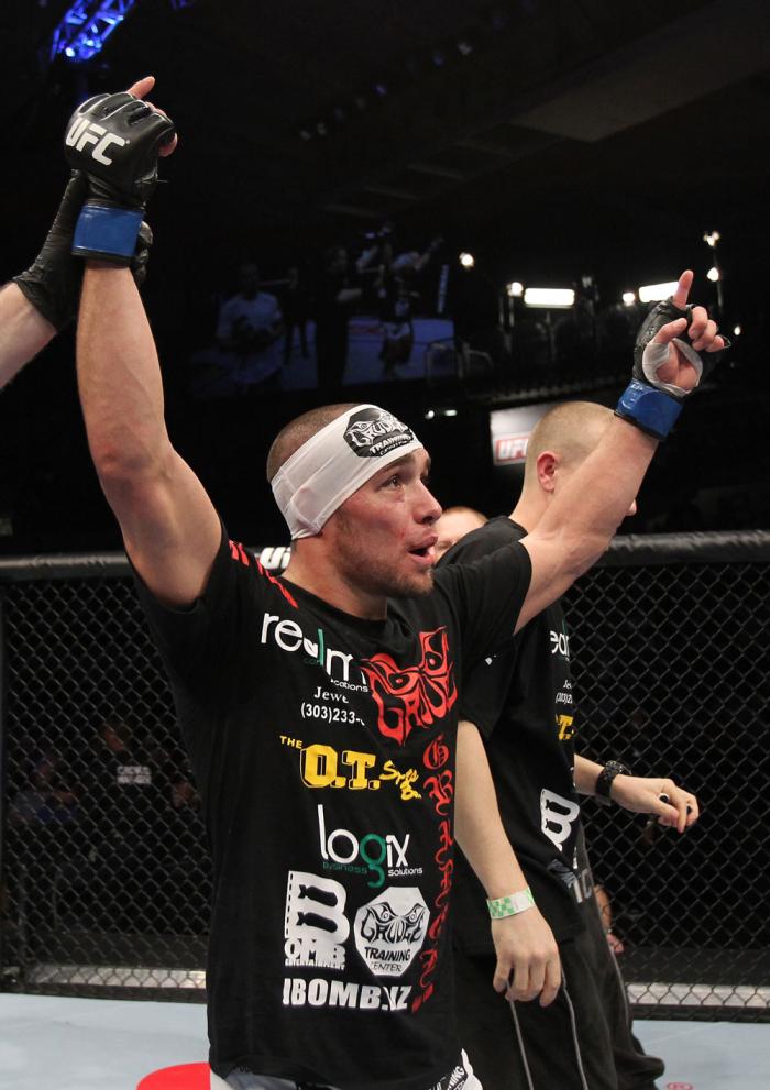 OMAHA, NE - FEBRUARY 15: Justin Salas reacts after defeating Anton Kuivanen during the UFC on FUEL TV event at Omaha Civic Auditorium on February 15, 2012 in Omaha, Nebraska. (Photo by Josh Hedges/Zuffa LLC/Zuffa LLC via Getty Images) *** Local Caption