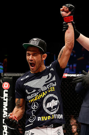 LONDON, ENGLAND - FEBRUARY 16: Vaughan Lee reacts after defeating Motonobu Tezuka in their bantamweight fight during the UFC on Fuel TV event on February 16, 2013 at Wembley Arena in London, England. (Photo by Josh Hedges/Zuffa LLC/Zuffa LLC via Getty I
