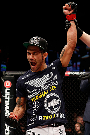 LONDON, ENGLAND - FEBRUARY 16: Vaughan Lee reacts after defeating Motonobu Tezuka in their bantamweight fight during the UFC on Fuel TV event on February 16, 2013 at Wembley Arena in London, England. (Photo by Josh Hedges/Zuffa LLC/Zuffa LLC via Getty I