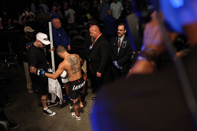 DENVER, CO - AUGUST 11: Chico Camus prepares to enter the Octagon before his bout against Dustin Pague at UFC 150 inside Pepsi Center on August 11, 2012 in Denver, Colorado. (Photo by Nick Laham/Zuffa LLC/Zuffa LLC via Getty Images)