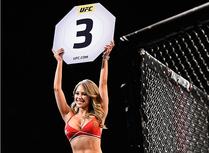 LAS VEGAS, NV - JANUARY 02: Octagon Girl Brittney Palmer introduces round three of Soto vs Tanaka during their bantamweight bout during the UFC 195 event inside MGM Grand Garden Arena on January 2, 2016 in Las Vegas, Nevada. (Photo by Jeff Bottari/Zuffa