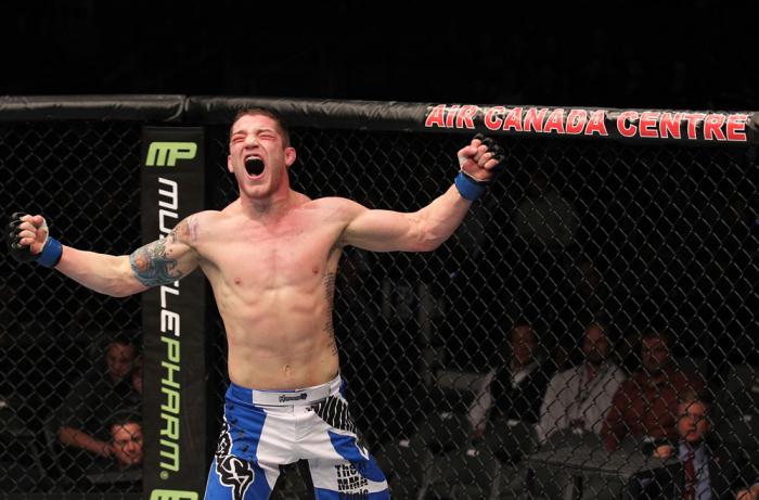 TORONTO, ON - DECEMBER 10: Jake Hecht reacts after defeating Rich Attonito by TKO during the UFC 140 event at Air Canada Centre on December 10, 2011 in Toronto, Ontario, Canada. (Photo by Nick Laham/Zuffa LLC/Zuffa LLC via Getty Images)
