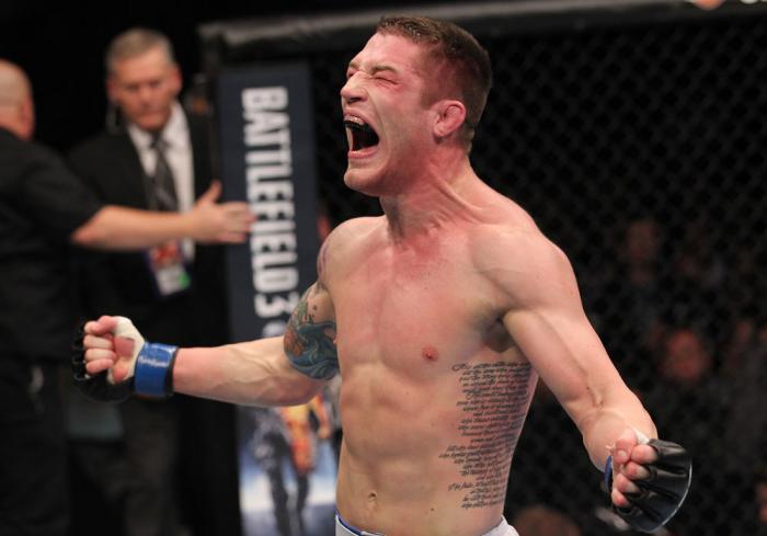 TORONTO, ON - DECEMBER 10: Jake Hecht reacts after defeating Rich Attonito by TKO during the UFC 140 event at Air Canada Centre on December 10, 2011 in Toronto, Ontario, Canada. (Photo by Nick Laham/Zuffa LLC/Zuffa LLC via Getty Images)