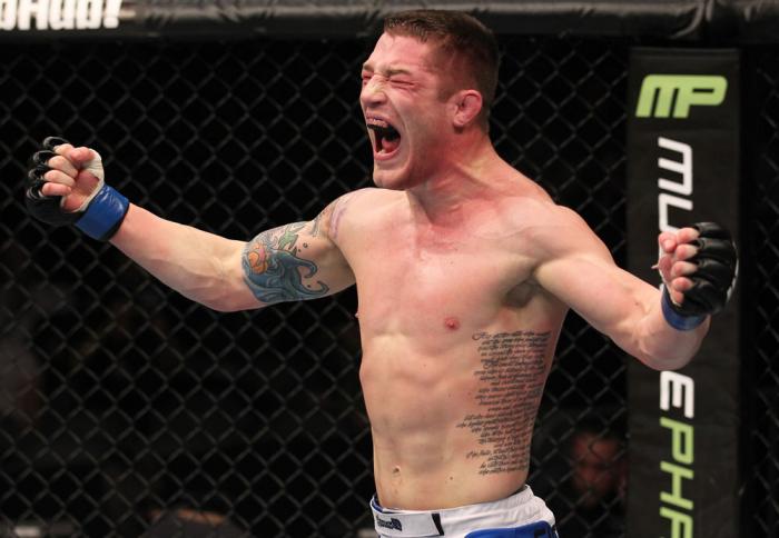 TORONTO, ON - DECEMBER 10: Jake Hecht reacts after defeating Rich Attonito by TKO during the UFC 140 event at Air Canada Centre on December 10, 2011 in Toronto, Ontario, Canada. (Photo by Nick Laham/Zuffa LLC/Zuffa LLC via Getty Images)