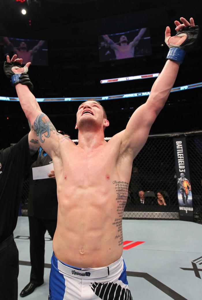 TORONTO, ON - DECEMBER 10: Jake Hecht reacts after defeating Rich Attonito by TKO during the UFC 140 event at Air Canada Centre on December 10, 2011 in Toronto, Ontario, Canada. (Photo by Nick Laham/Zuffa LLC/Zuffa LLC via Getty Images)