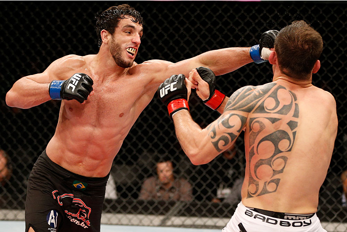 BELO HORIZONTE, BRAZIL - SEPTEMBER 04: (L-R) Elias Silverio punches Joao Zeferino in their welterweight fight during the UFC on FOX Sports 1 event at Mineirinho Arena on September 4, 2013 in Belo Horizonte, Brazil. (Photo by Josh Hedges/Zuffa LLC/Zuffa L