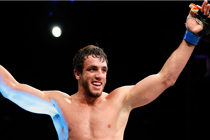 BELO HORIZONTE, BRAZIL - SEPTEMBER 04: Elias Silverio reacts after defeating Joao Zeferino in their welterweight fight during the UFC on FOX Sports 1 event at Mineirinho Arena on September 4, 2013 in Belo Horizonte, Brazil. (Photo by Josh Hedges/Zuffa LL
