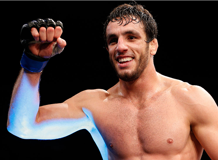 BELO HORIZONTE, BRAZIL - SEPTEMBER 04: Elias Silverio reacts after defeating Joao Zeferino in their welterweight fight during the UFC on FOX Sports 1 event at Mineirinho Arena on September 4, 2013 in Belo Horizonte, Brazil. (Photo by Josh Hedges/Zuffa LL