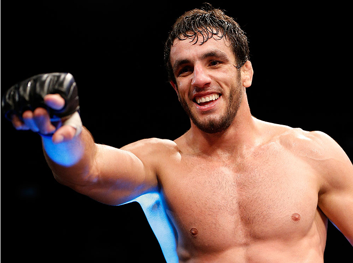 BELO HORIZONTE, BRAZIL - SEPTEMBER 04: Elias Silverio reacts after defeating Joao Zeferino in their welterweight fight during the UFC on FOX Sports 1 event at Mineirinho Arena on September 4, 2013 in Belo Horizonte, Brazil. (Photo by Josh Hedges/Zuffa LL