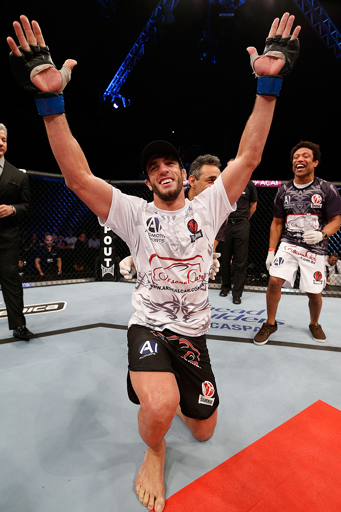 BELO HORIZONTE, BRAZIL - SEPTEMBER 04: Elias Silverio reacts after his victory over Joao Zeferino in their welterweight fight during the UFC on FOX Sports 1 event at Mineirinho Arena on September 4, 2013 in Belo Horizonte, Brazil. (Photo by Josh Hedges/Z