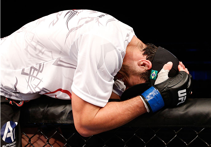 BELO HORIZONTE, BRAZIL - SEPTEMBER 04: Elias Silverio reacts after his victory over Joao Zeferino in their welterweight fight during the UFC on FOX Sports 1 event at Mineirinho Arena on September 4, 2013 in Belo Horizonte, Brazil. (Photo by Josh Hedges/Z