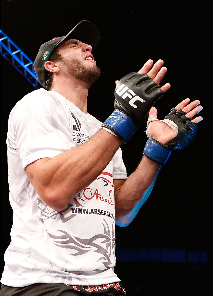 BELO HORIZONTE, BRAZIL - SEPTEMBER 04: Elias Silverio reacts after his victory over Joao Zeferino in their welterweight fight during the UFC on FOX Sports 1 event at Mineirinho Arena on September 4, 2013 in Belo Horizonte, Brazil. (Photo by Josh Hedges/Z