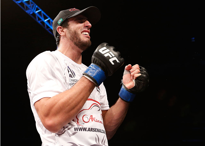 BELO HORIZONTE, BRAZIL - SEPTEMBER 04: Elias Silverio reacts after his victory over Joao Zeferino in their welterweight fight during the UFC on FOX Sports 1 event at Mineirinho Arena on September 4, 2013 in Belo Horizonte, Brazil. (Photo by Josh Hedges/Z