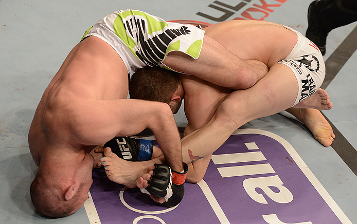 ANAHEIM, CA - FEBRUARY 23: Kenny Robertson (left) attempts to submit Brock Jardine in their welterweight bout during UFC 157 at Honda Center on February 23, 2013 in Anaheim, California. (Photo by Donald Miralle/Zuffa LLC/Zuffa LLC via Getty Images) ***