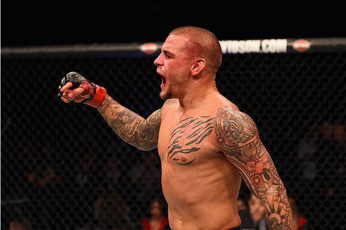 LAS VEGAS, NV - JANUARY 02: Dustin Poirier reacts to his victory over Joe Duffy of Ireland in their lightweight bout during the UFC 195 event inside MGM Grand Garden Arena on January 2, 2016 in Las Vegas, Nevada. (Photo by Josh Hedges/Zuffa LLC/Zuffa LL
