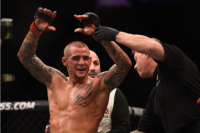 LAS VEGAS, NV - JANUARY 02: Dustin Poirier reacts to his victory over Joe Duffy of Ireland in their lightweight bout during the UFC 195 event inside MGM Grand Garden Arena on January 2, 2016 in Las Vegas, Nevada. (Photo by Jeff Bottari/Zuffa LLC/Zuffa LL