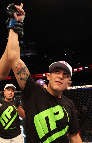 DENVER, CO - AUGUST 11: Erik Perez reacts after knocking out Ken Stone during their bantamweight bout at UFC 150 inside Pepsi Center on August 11, 2012 in Denver, Colorado. (Photo by Nick Laham/Zuffa LLC/Zuffa LLC via Getty Images)