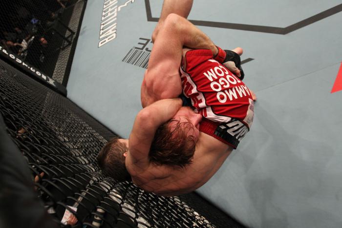TORONTO, ON - DECEMBER 10: (R-L) Mark Bocek takes down Nik Lentz during the UFC 140 event at Air Canada Centre on December 10, 2011 in Toronto, Ontario, Canada. (Photo by Nick Laham/Zuffa LLC/Zuffa LLC via Getty Images)