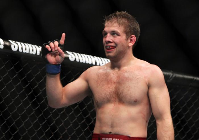 TORONTO, ON - DECEMBER 10: Nik Lentz reacts after his three-round bout against Mark Bocek during the UFC 140 event at Air Canada Centre on December 10, 2011 in Toronto, Ontario, Canada. (Photo by Josh Hedges/Zuffa LLC/Zuffa LLC via Getty Images)