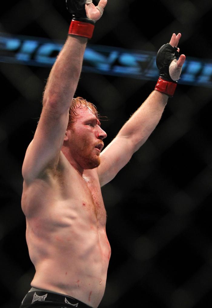 TORONTO, ON - DECEMBER 10: Mark Bocek reacts after his hard-fought three-round battle against Nik Lentz during the UFC 140 event at Air Canada Centre on December 10, 2011 in Toronto, Ontario, Canada. (Photo by Josh Hedges/Zuffa LLC/Zuffa LLC via Getty I