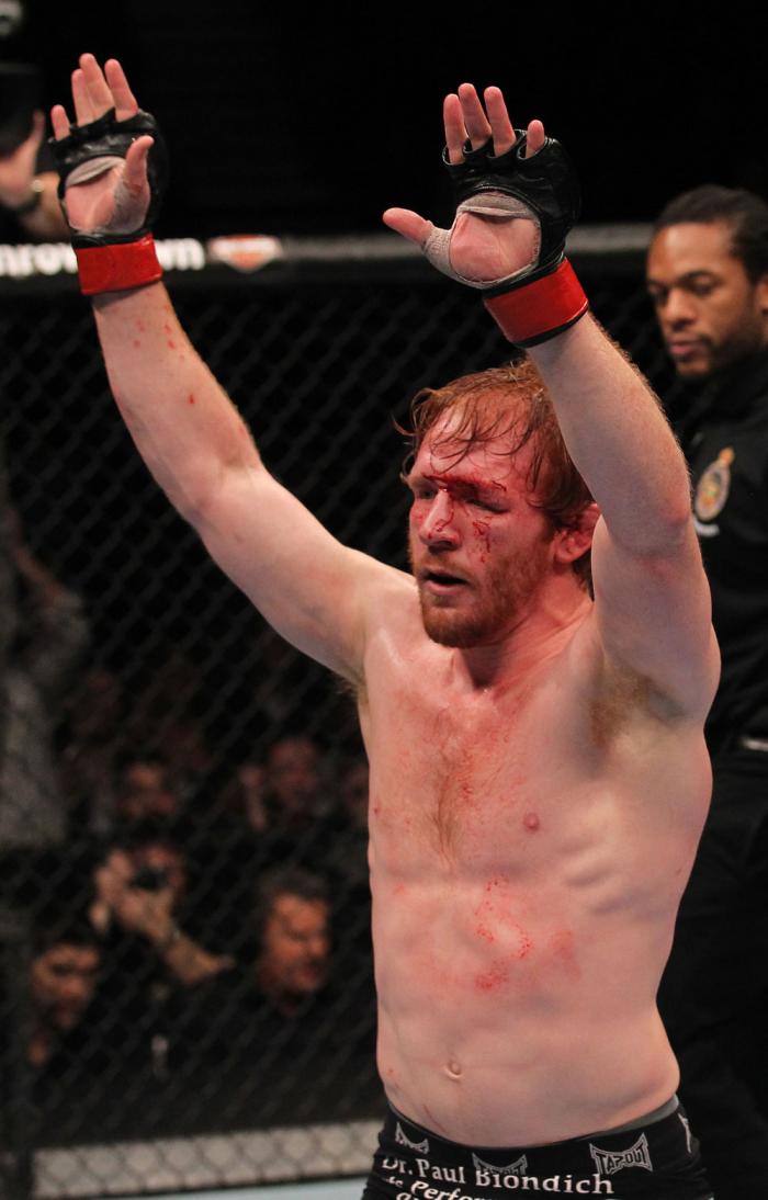 TORONTO, ON - DECEMBER 10: Mark Bocek reacts after his decision victory over Nik Lentz during the UFC 140 event at Air Canada Centre on December 10, 2011 in Toronto, Ontario, Canada. (Photo by Nick Laham/Zuffa LLC/Zuffa LLC via Getty Images)
