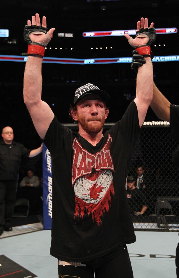 TORONTO, ON - DECEMBER 10: Mark Bocek reacts after his decision victory over Nik Lentz during the UFC 140 event at Air Canada Centre on December 10, 2011 in Toronto, Ontario, Canada. (Photo by Nick Laham/Zuffa LLC/Zuffa LLC via Getty Images)