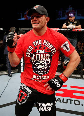 LONDON, ENGLAND - FEBRUARY 16: Tom Watson reacts after defeating Stanislav Nedkov in their middleweight fight during the UFC on Fuel TV event on February 16, 2013 at Wembley Arena in London, England. (Photo by Josh Hedges/Zuffa LLC/Zuffa LLC via Getty