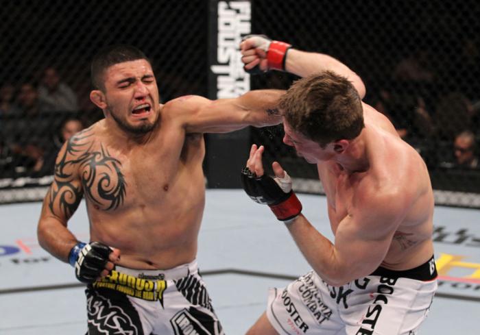 LAS VEGAS, NV - FEBRUARY 04: (L-R) Henry Martinez punches Matt Riddle during the UFC 143 event at Mandalay Bay Events Center on February 4, 2012 in Las Vegas, Nevada. (Photo by Nick Laham/Zuffa LLC/Zuffa LLC via Getty Images) *** Local Caption *** Henry