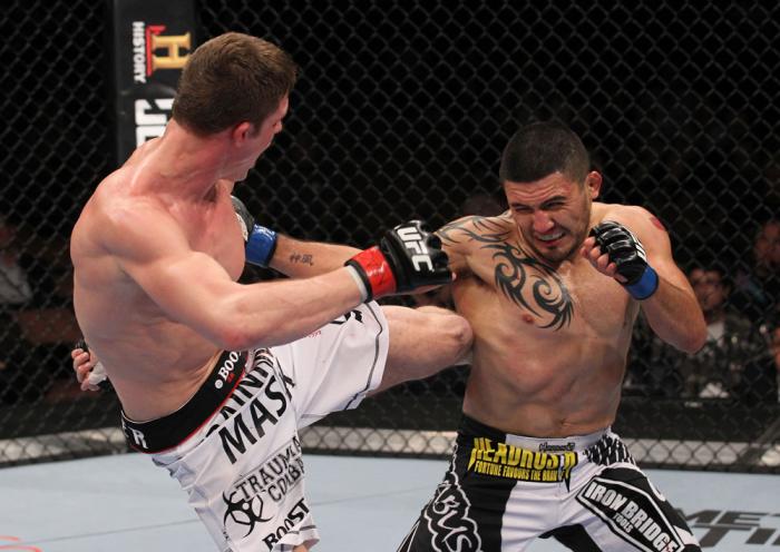 LAS VEGAS, NV - FEBRUARY 04: Matt Riddle (left) kicks Henry Martinez during the UFC 143 event at Mandalay Bay Events Center on February 4, 2012 in Las Vegas, Nevada. (Photo by Nick Laham/Zuffa LLC/Zuffa LLC via Getty Images) *** Local Caption *** Matt R