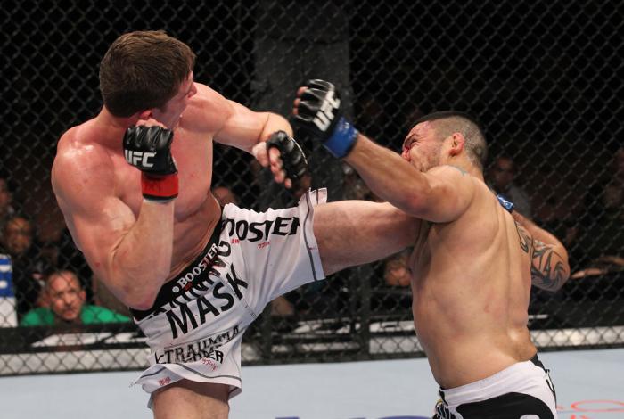 LAS VEGAS, NV - FEBRUARY 04: (L-R) Matt Riddle kicks Henry Martinez during the UFC 143 event at Mandalay Bay Events Center on February 4, 2012 in Las Vegas, Nevada. (Photo by Nick Laham/Zuffa LLC/Zuffa LLC via Getty Images) *** Local Caption *** Matt Ri