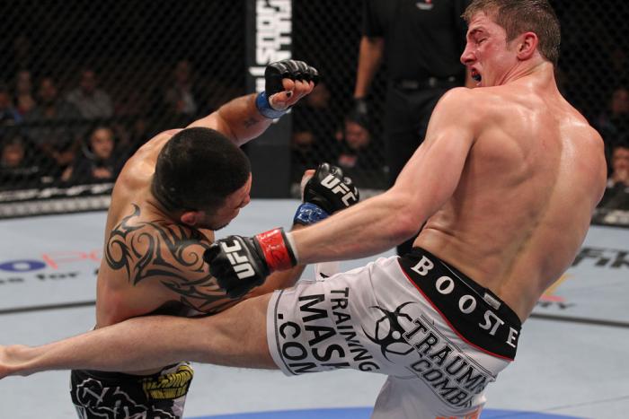 LAS VEGAS, NV - FEBRUARY 04: Matt Riddle (right) kicks Henry Martinez during the UFC 143 event at Mandalay Bay Events Center on February 4, 2012 in Las Vegas, Nevada. (Photo by Nick Laham/Zuffa LLC/Zuffa LLC via Getty Images) *** Local Caption *** Matt