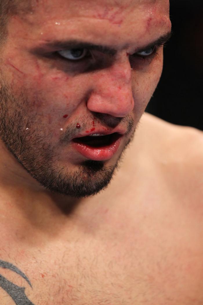 LAS VEGAS, NV - FEBRUARY 04: Henry Martinez awaits the start of the third round with his fight against Matt Riddle during the UFC 143 event at Mandalay Bay Events Center on February 4, 2012 in Las Vegas, Nevada. (Photo by Nick Laham/Zuffa LLC/Zuffa LLC