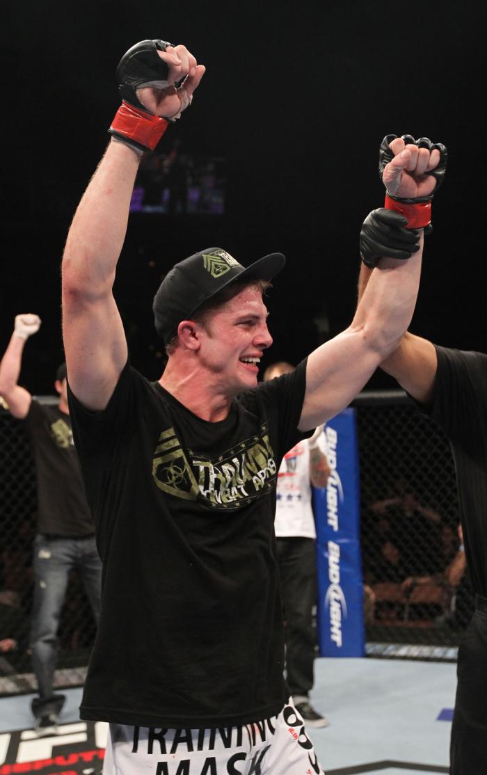 LAS VEGAS, NV - FEBRUARY 04: Matt Riddle is declared the winner in his fight against Henry Martinez during the UFC 143 event at Mandalay Bay Events Center on February 4, 2012 in Las Vegas, Nevada. (Photo by Nick Laham/Zuffa LLC/Zuffa LLC via Getty Image