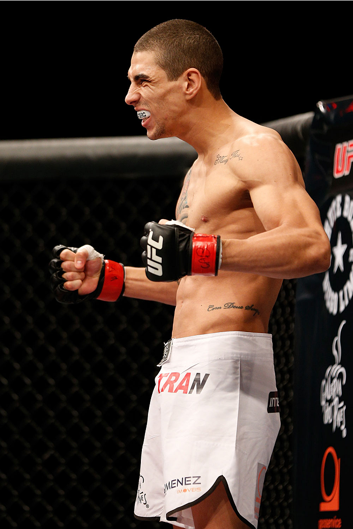 BELO HORIZONTE, BRAZIL - SEPTEMBER 04: Lucas Martins stands in the Octagon before his bantamweight fight against Junior Hernandez during the UFC on FOX Sports 1 event at Mineirinho Arena on September 4, 2013 in Belo Horizonte, Brazil. (Photo by Josh Hedg