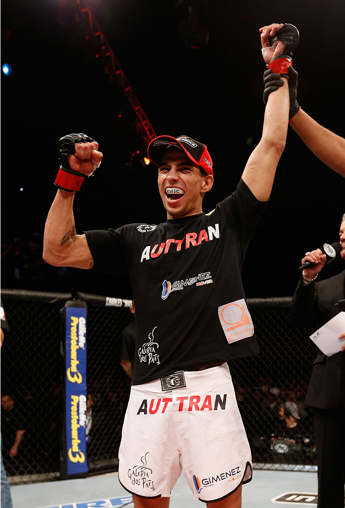 BELO HORIZONTE, BRAZIL - SEPTEMBER 04: Lucas Martins reacts after his submission victory over Junior Hernandez in their bantamweight fight during the UFC on FOX Sports 1 event at Mineirinho Arena on September 4, 2013 in Belo Horizonte, Brazil. (Photo by