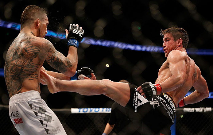 ANAHEIM, CA - FEBRUARY 23: (R-L) Sam Stout kicks Caros Fodor in their lightweight bout during UFC 157 at Honda Center on February 23, 2013 in Anaheim, California. (Photo by Josh Hedges/Zuffa LLC/Zuffa LLC via Getty Images) *** Local Caption *** Sam Stou